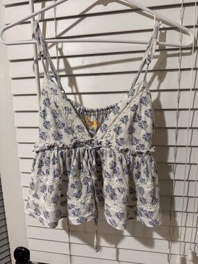 Urban Outfitters White Tank with Blue Floral Print and Tie Front